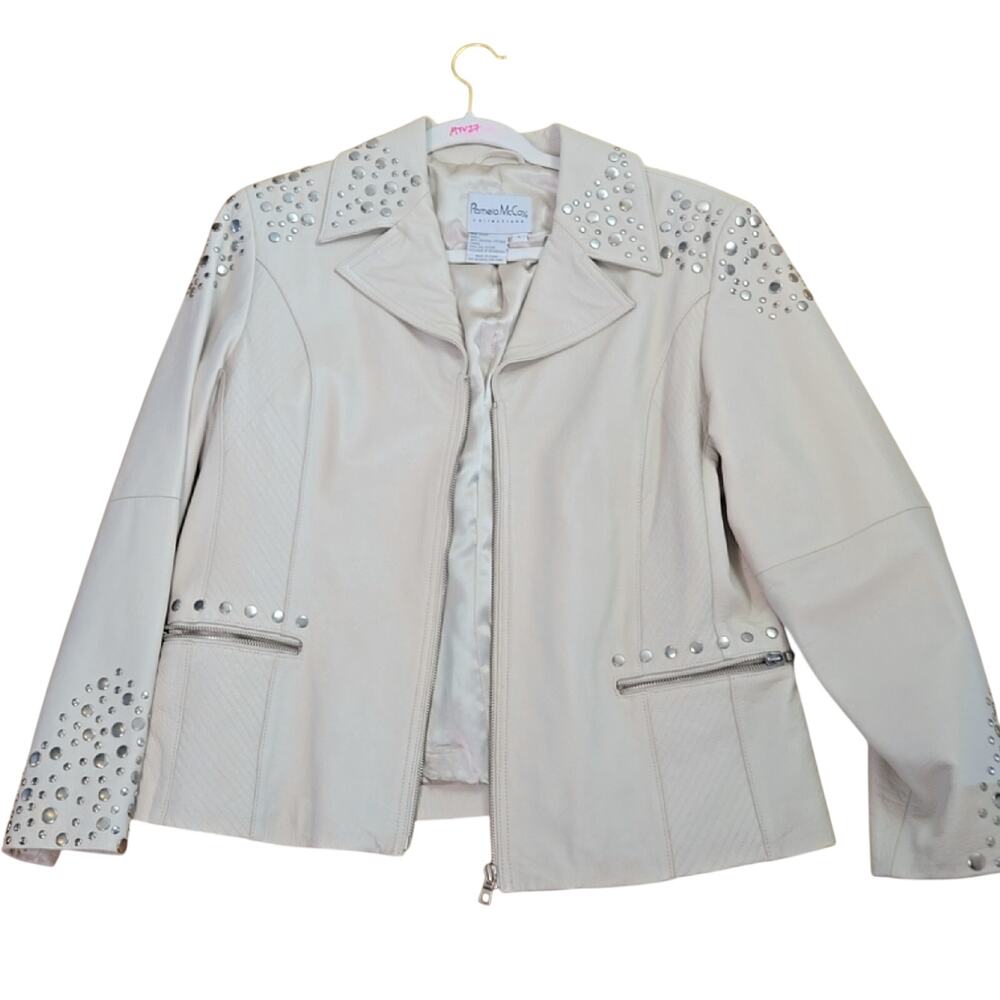 Pamela McCoy. vintage cream or off-white studded leather jacket.-Large